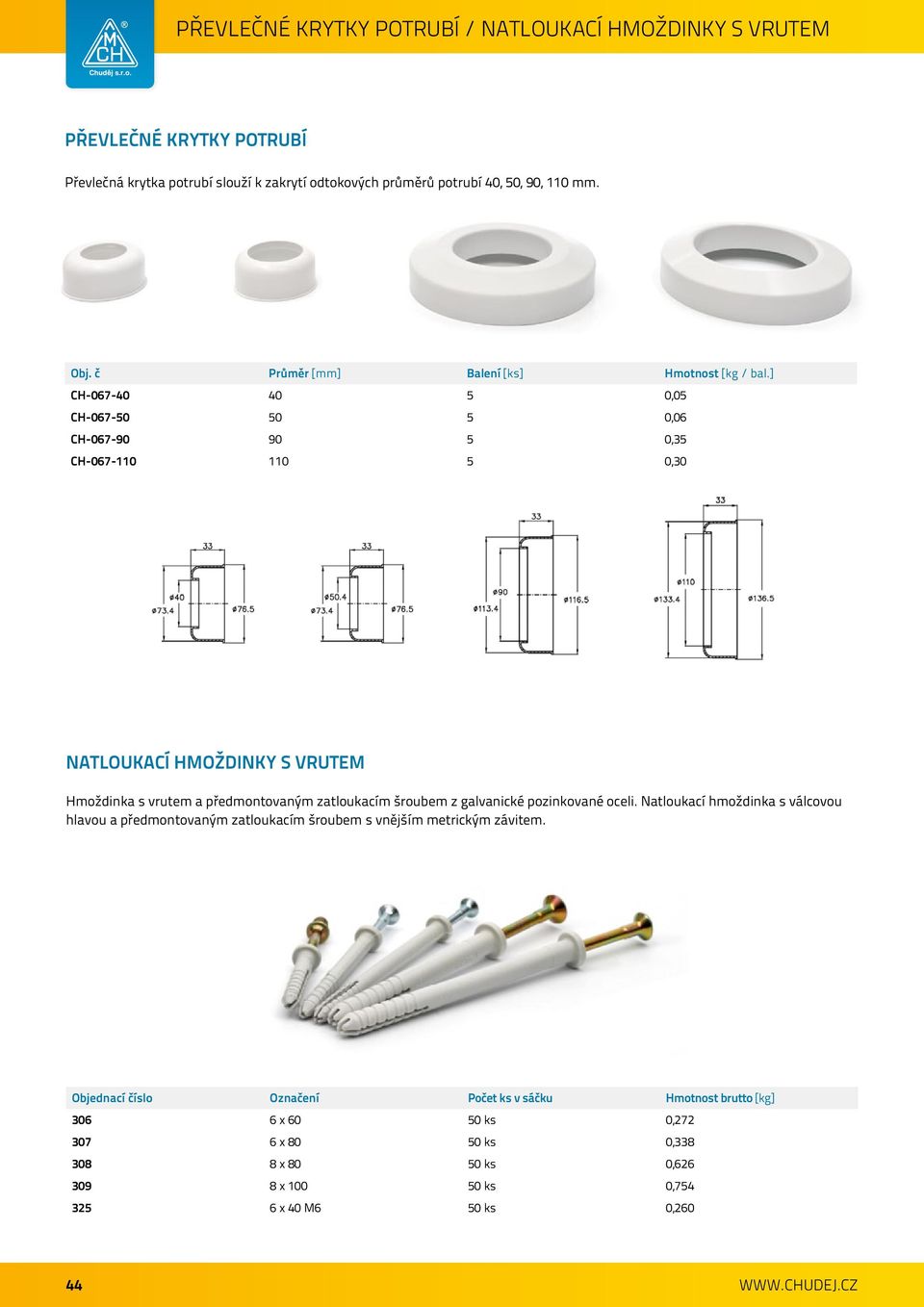 ] CH-067-40 40 5 0,05 CH-067-50 50 5 0,06 CH-067-90 90 5 0,35 CH-067-110 110 5 0,30 NATLOUKACÍ HMOŽDINKY S VRUTEM Hmoždinka s vrutem a předmontovaným zatloukacím šroubem z