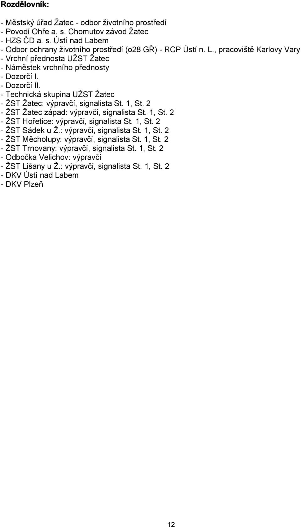 2 - ŽST Žatec západ: výpravčí, signalista St. 1, St. 2 - ŽST Hořetice: výpravčí, signalista St. 1, St. 2 - ŽST Sádek u Ž.: výpravčí, signalista St. 1, St. 2 - ŽST Měcholupy: výpravčí, signalista St.