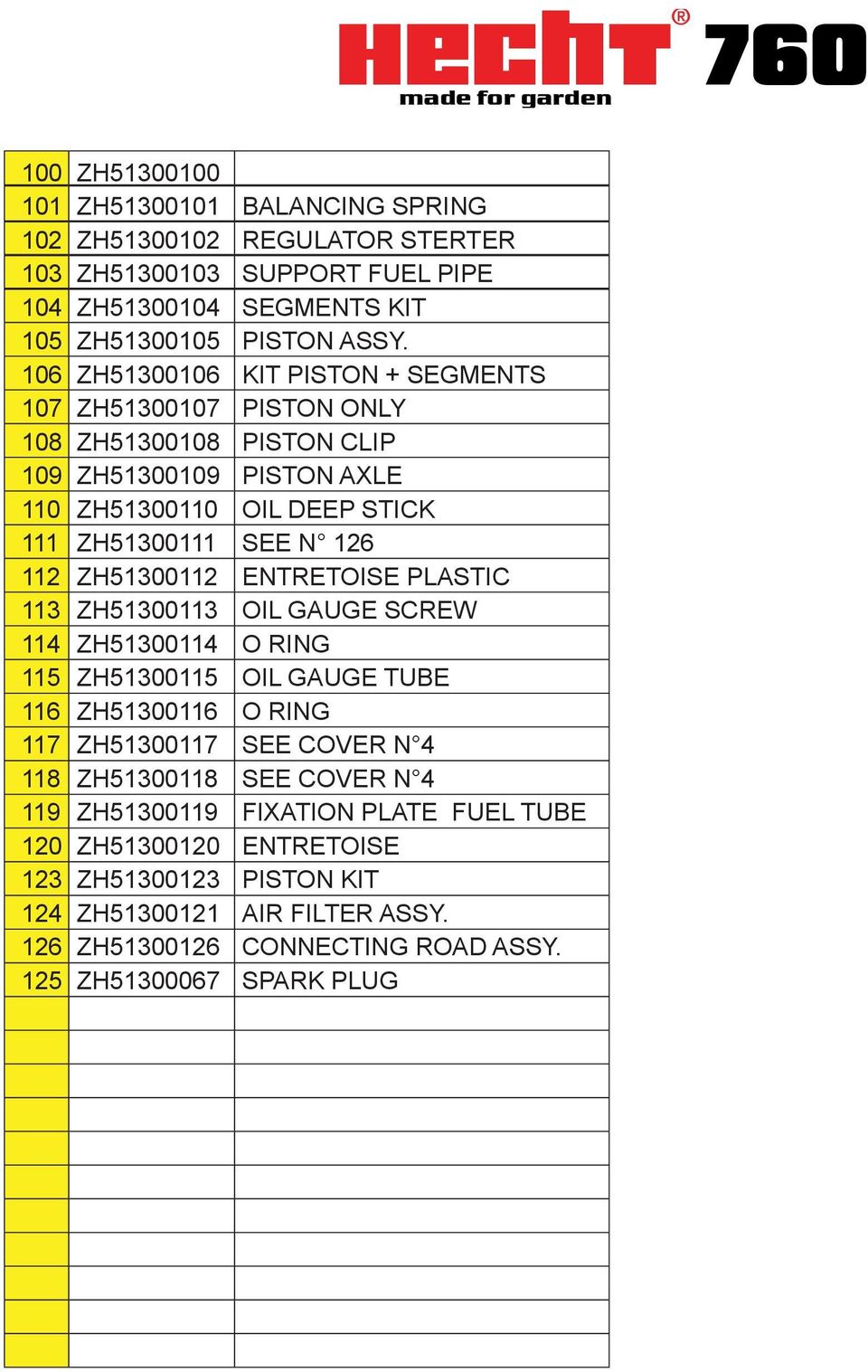 ZH51300112 ENTRETOISE PLASTIC 113 ZH51300113 OIL GAUGE SCREW 114 ZH51300114 O RING 115 ZH51300115 OIL GAUGE TUBE 116 ZH51300116 O RING 117 ZH51300117 SEE COVER N 4 118 ZH51300118 SEE