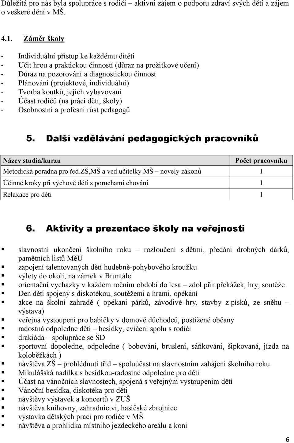 - Tvorba koutků, jejich vybavování - Účast rodičů (na práci dětí, školy) - Osobnostní a profesní růst pedagogů 5.