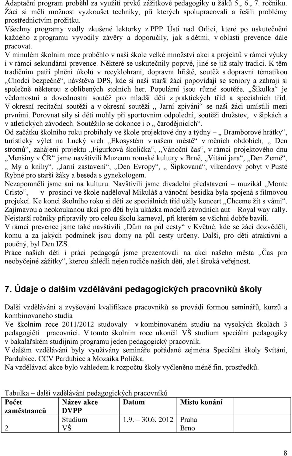 Všechny programy vedly zkušené lektorky z PPP Ústí nad Orlicí, které po uskutečnění každého z programu vyvodily závěry a doporučily, jak s dětmi, v oblasti prevence dále pracovat.