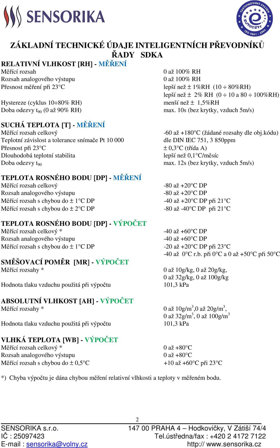 10s (bez krytky, vzduch 5m/s) SUCHÁ TEPLOTA [T] - MĚŘENÍ Měřící rozsah celkový -60 až +180 C (žádané rozsahy dle obj.