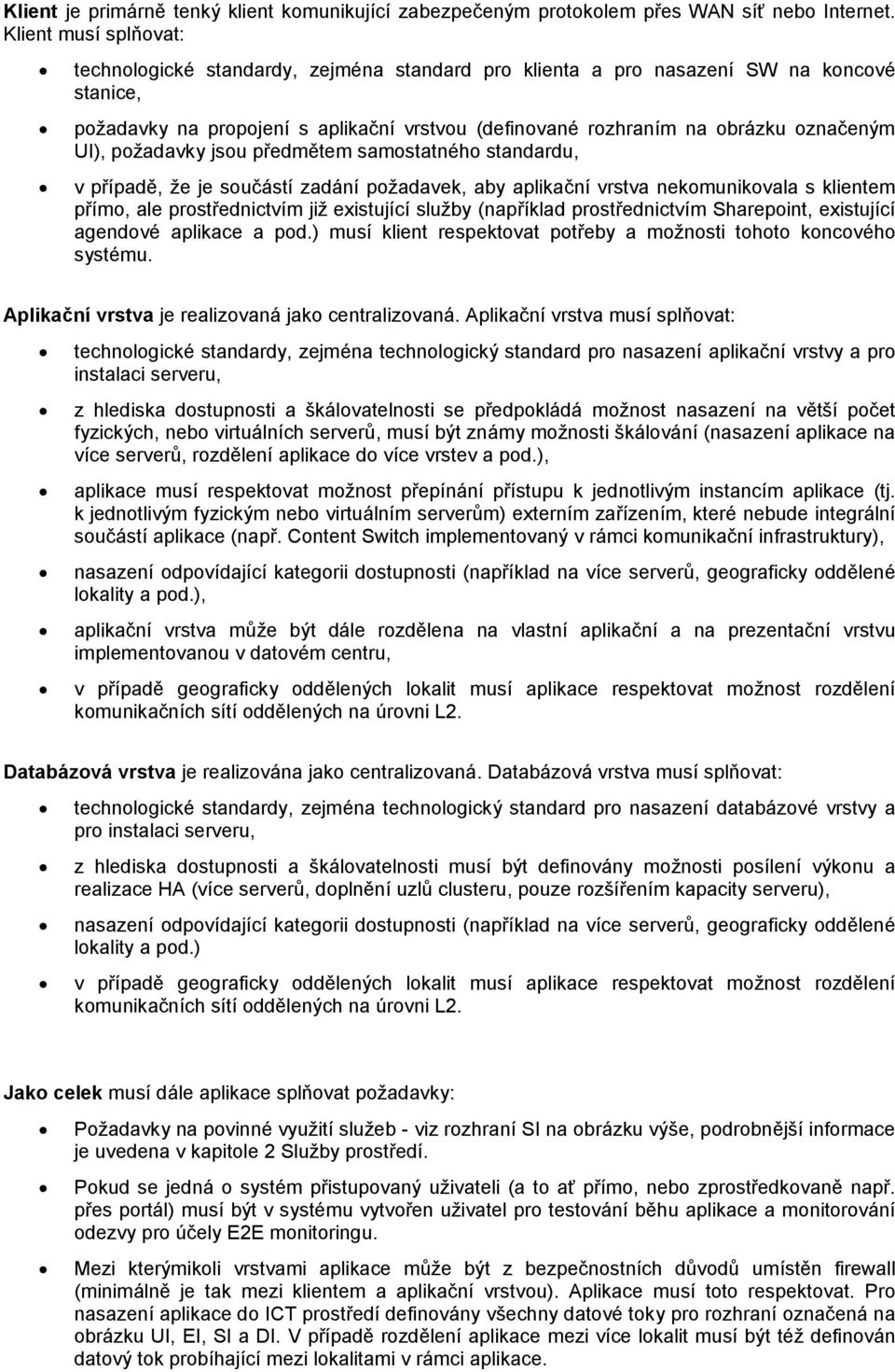 UI), požadavky jsou předmětem samostatného standardu, v případě, že je součástí zadání požadavek, aby aplikační vrstva nekomunikovala s klientem přímo, ale prostřednictvím již existující služby