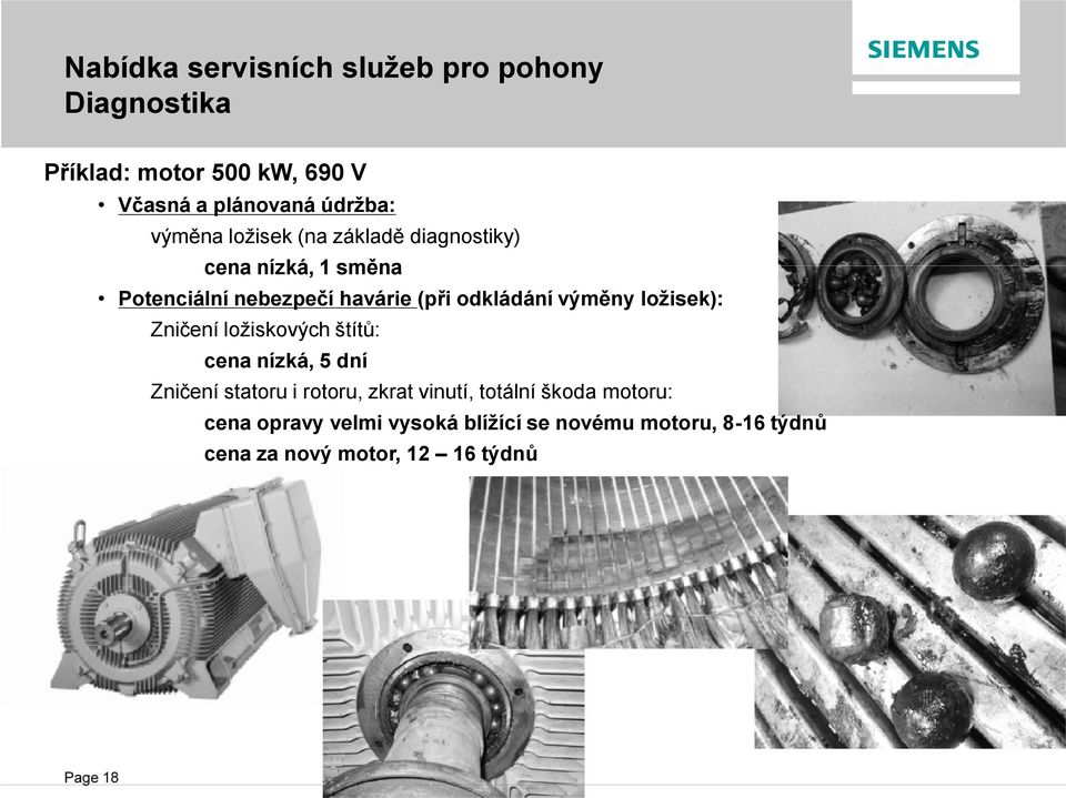 výměny ložisek): Zničení ložiskových štítů: cena nízká, 5 dní Zničení statoru i rotoru, zkrat vinutí,