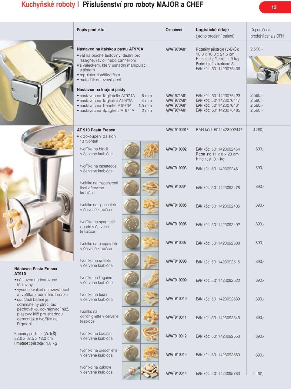 Nástavce na krájení pasty nástavec na Tagliatelle AT971A 6 mm nástavec na Tagliolini AT972A 4 mm nástavec na Trenette AT973A 1,5 mm nástavec na Spaghetti AT974A 2 mm AWAT971A01 AWAT972A01 AWAT973A01