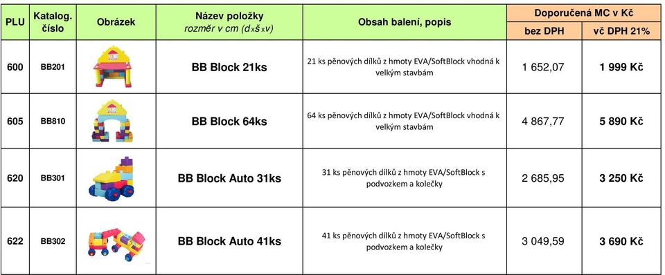 620 BB301 BB Block Auto 31ks 31 ks pěnových dílků z hmoty EVA/SoftBlock s podvozkem a kolečky 2 685,95 3 250