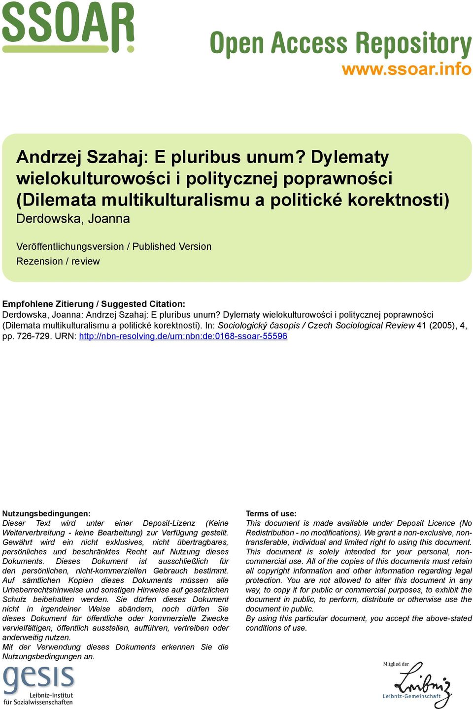 Zitierung / Suggested Citation: Derdowska, Joanna: Andrzej Szahaj: E pluribus unum? Dylematy wielokulturowości i politycznej poprawności (Dilemata multikulturalismu a politické korektnosti).