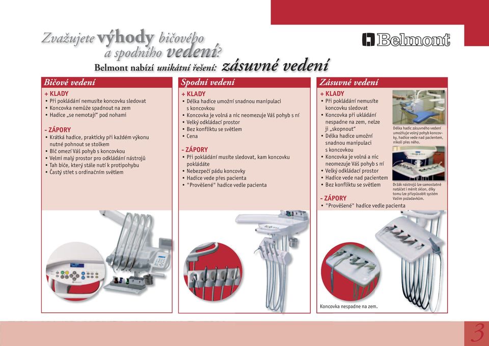 prakticky při každém výkonu nutné pohnout se stolkem Bič omezí Váš pohyb s koncovkou Velmi malý prostor pro odkládání nástrojů Tah biče, který stále nutí k protipohybu Častý střet s ordinačním