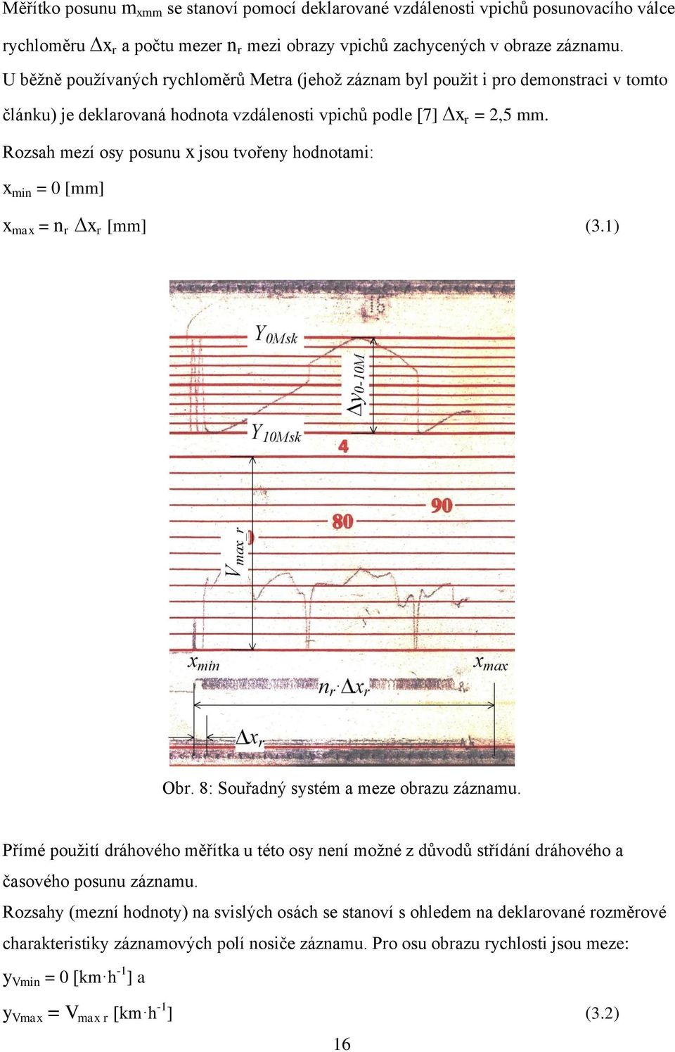 Rozsah mezí osy posunu x jsou tvořeny hodnotam: x mn = 0 [mm] x max = n r x r [mm] (3.) Obr. 8: Souřadný systém a meze obrazu záznamu.