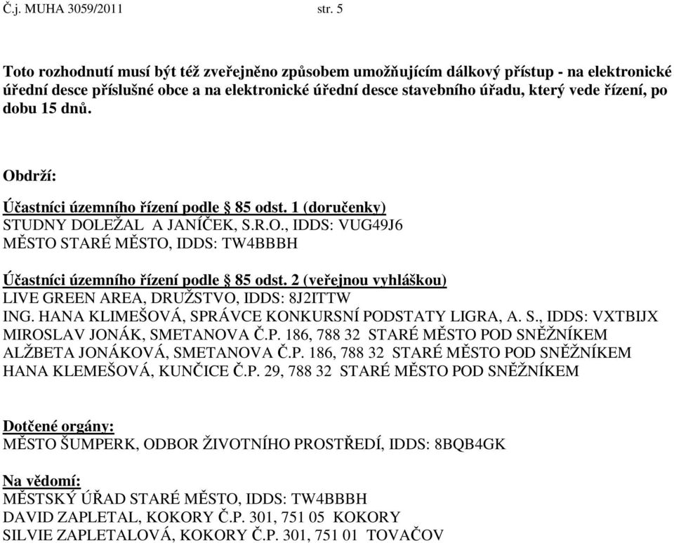 dobu 15 dnů. Obdrží: Účastníci územního řízení podle 85 odst. 1 (doručenky) STUDNY DOLEŽAL A JANÍČEK, S.R.O., IDDS: VUG49J6 MĚSTO STARÉ MĚSTO, IDDS: TW4BBBH Účastníci územního řízení podle 85 odst.