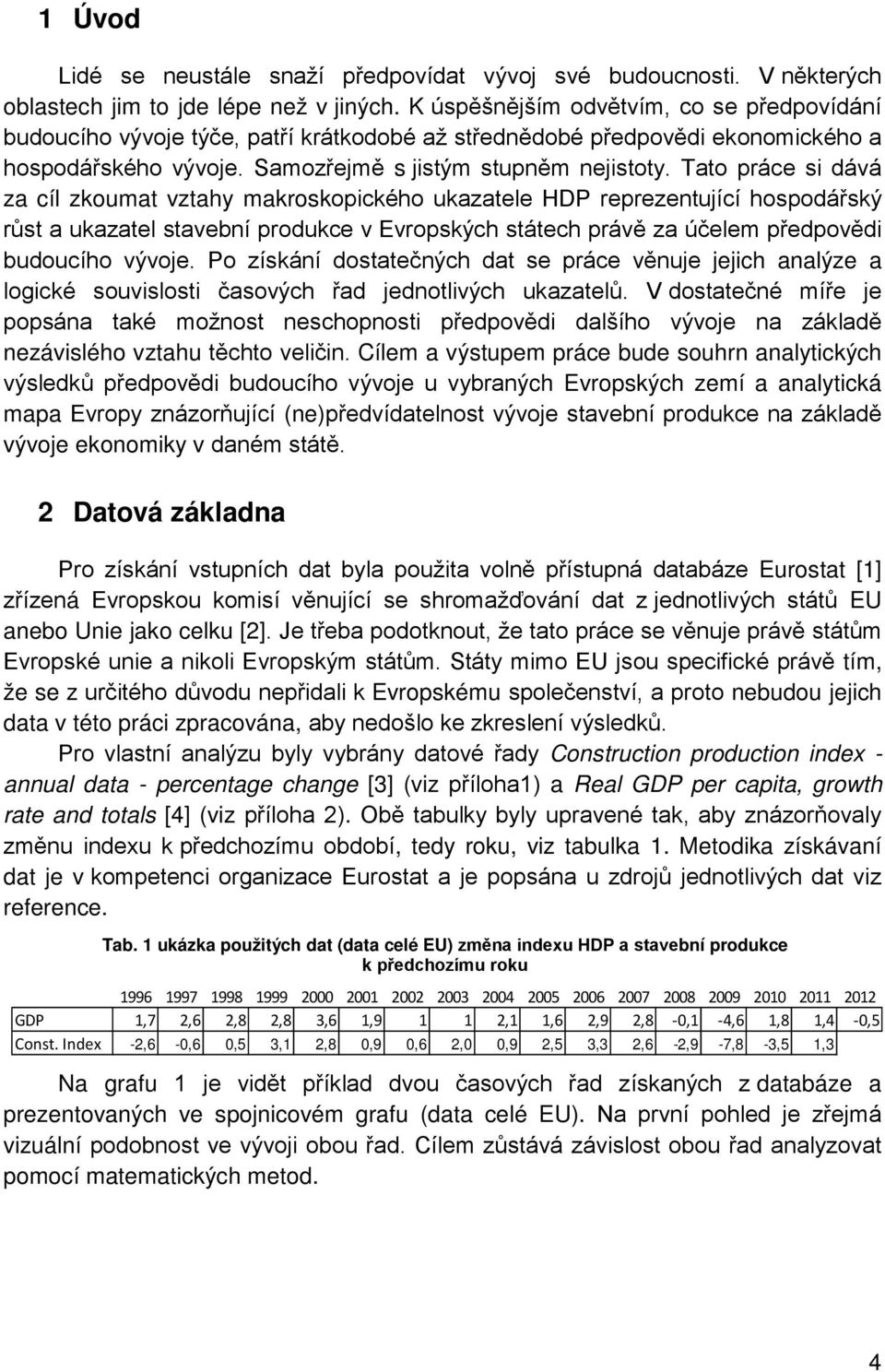 Tato práce si dává za cíl zkoumat vztahy makroskopického ukazatele HDP reprezentující hospodářský růst a ukazatel stavební produkce v Evropských státech právě za účelem předpovědi budoucího vývoje.