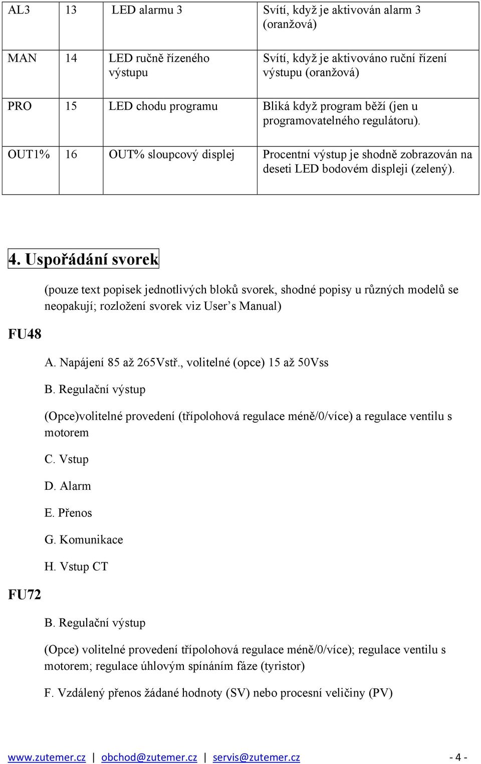 Uspořádání svorek FU48 FU72 (pouze text popisek jednotlivých bloků svorek, shodné popisy u různých modelů se neopakují; rozložení svorek viz User s Manual) A. Napájení 85 až 265Vstř.