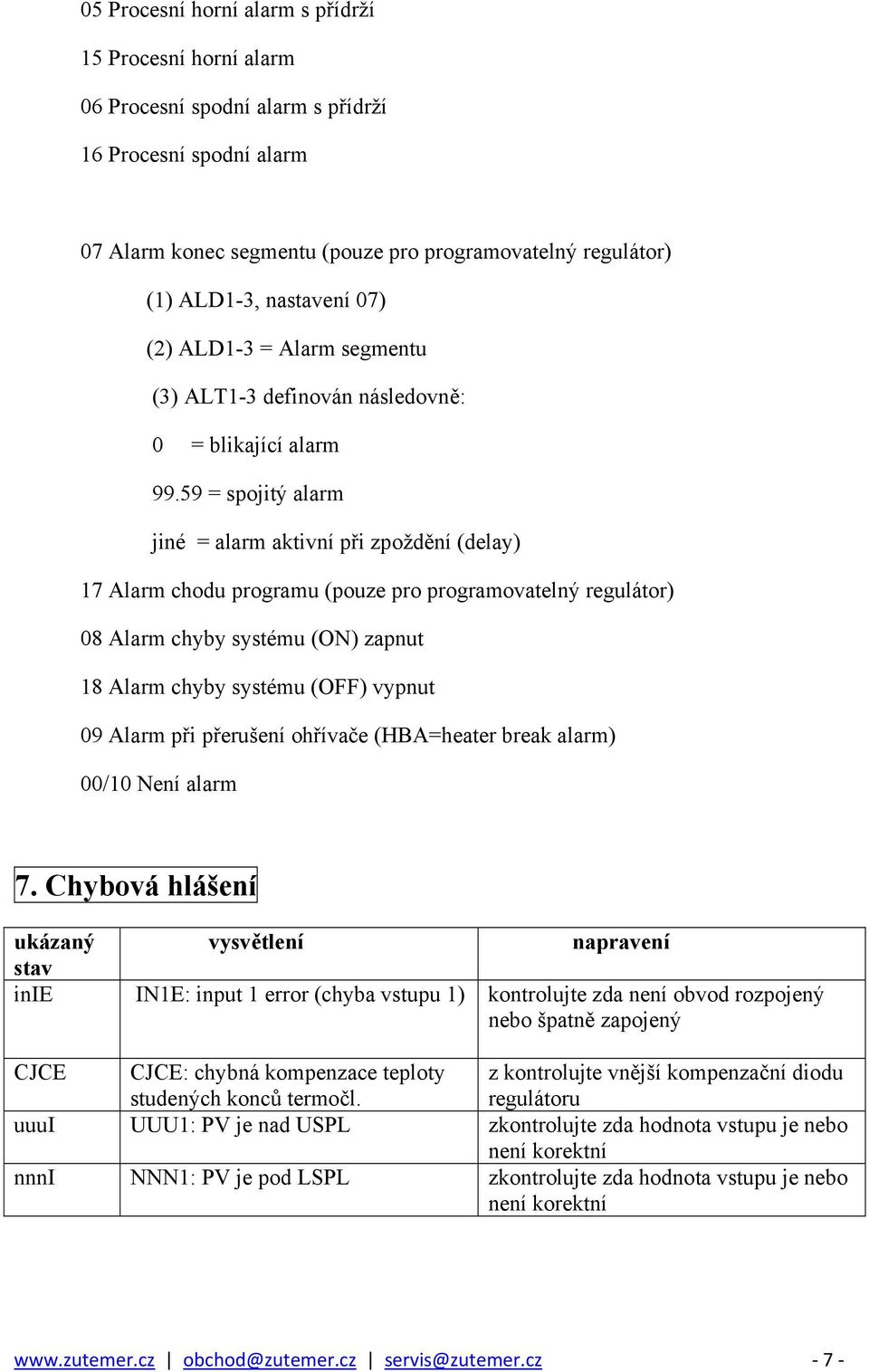 59 = spojitý alarm jiné = alarm aktivní při zpoždění (delay) 17 Alarm chodu programu (pouze pro programovatelný regulátor) 08 Alarm chyby systému (ON) zapnut 18 Alarm chyby systému (OFF) vypnut 09