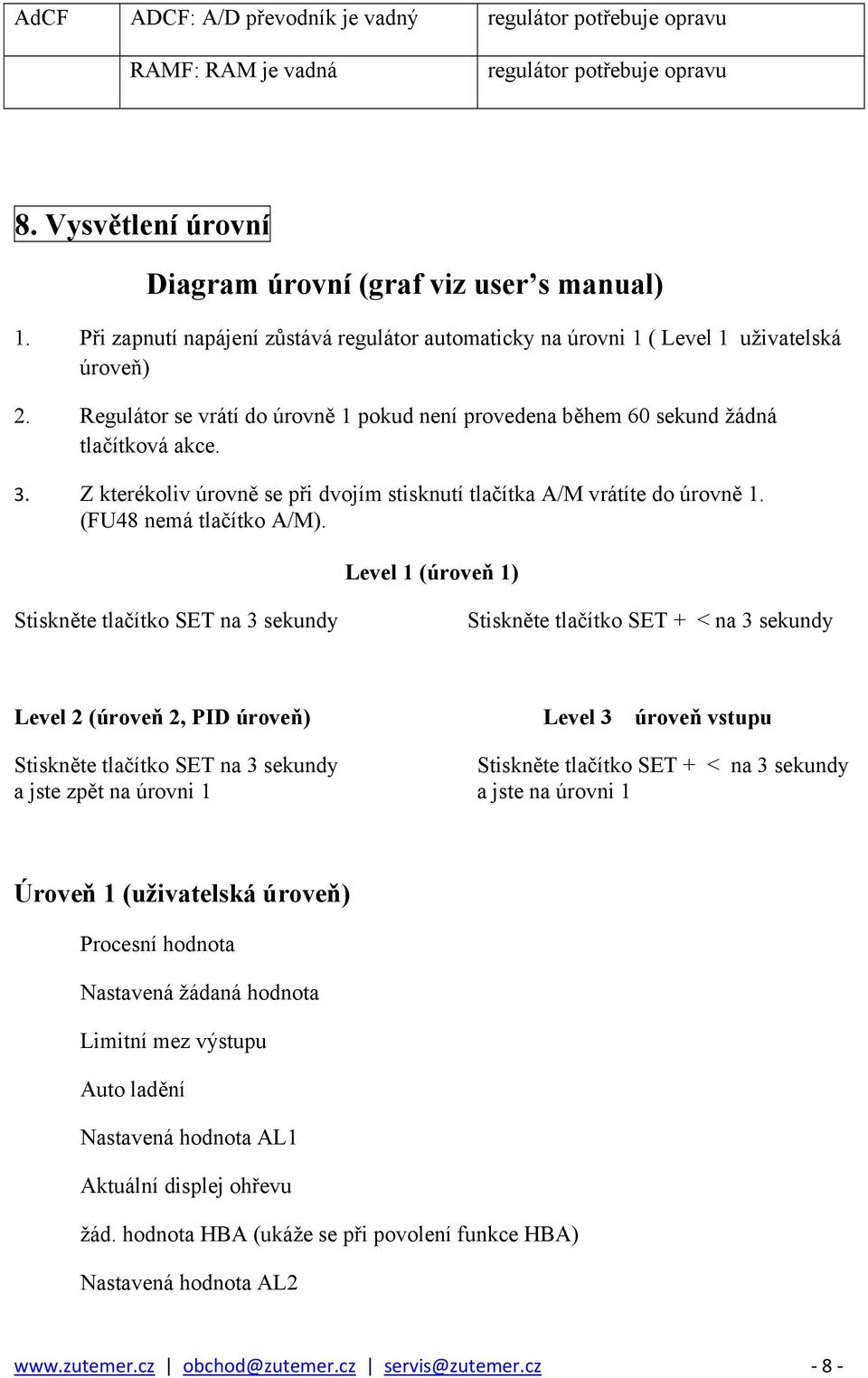 Z kterékoliv úrovně se při dvojím stisknutí tlačítka A/M vrátíte do úrovně 1. (FU48 nemá tlačítko A/M).