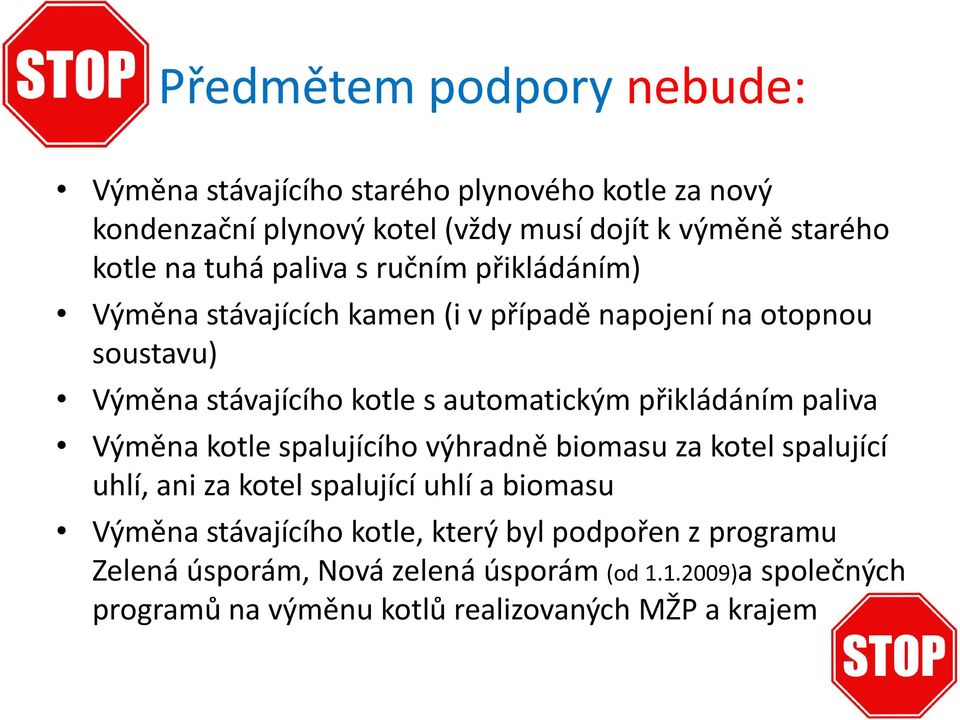 přikládáním paliva Výměna kotle spalujícího výhradně biomasu za kotel spalující uhlí, ani za kotel spalující uhlí a biomasu Výměna stávajícího