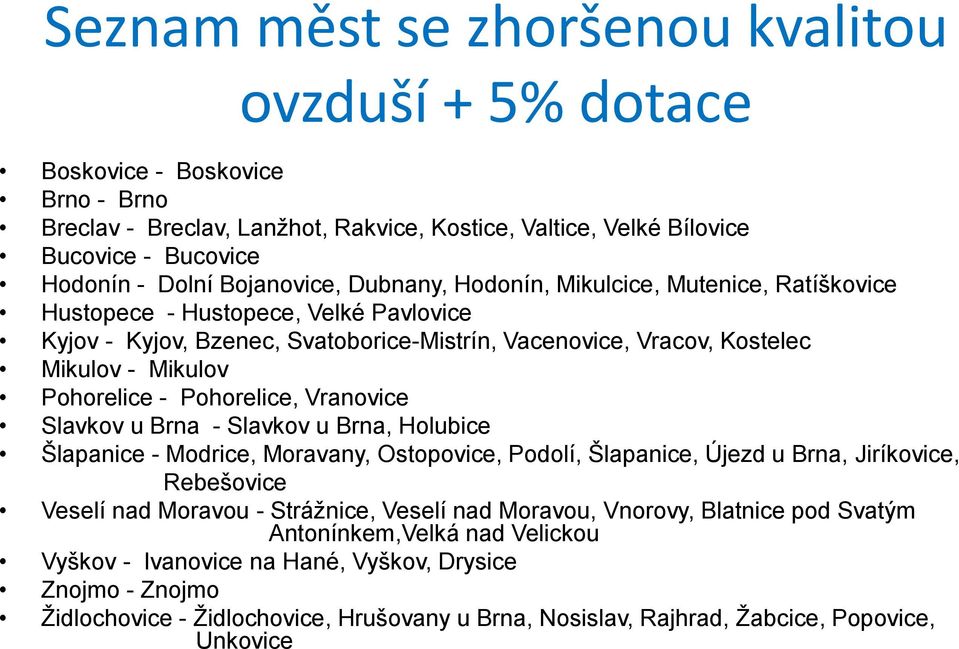 Pohorelice - Pohorelice, Vranovice Slavkov u Brna - Slavkov u Brna, Holubice Šlapanice - Modrice, Moravany, Ostopovice, Podolí, Šlapanice, Újezd u Brna, Jiríkovice, Rebešovice Veselí nad Moravou -