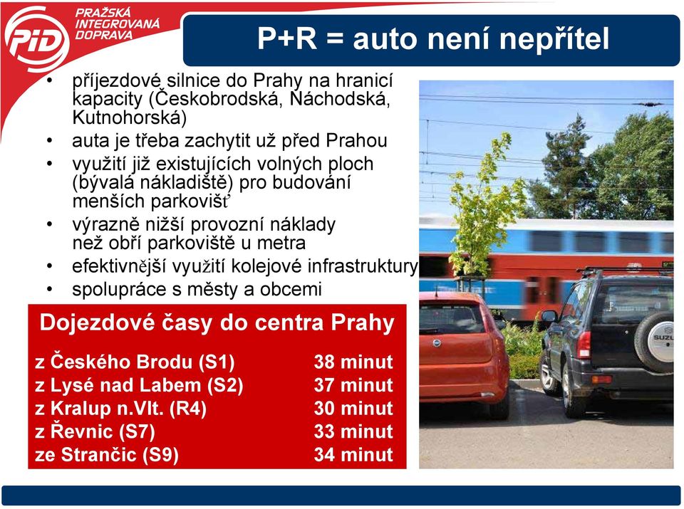 metra efektivnější využití kolejové infrastruktury spolupráce s městy a obcemi Dojezdové časy do centra Prahy P+R = auto není nepřítel