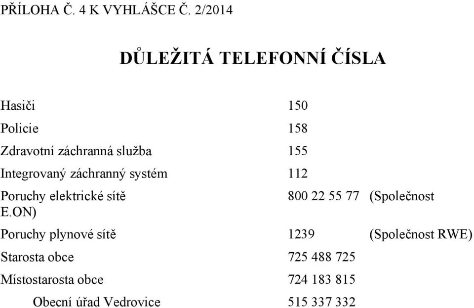 155 Integrovaný záchranný systém 112 Poruchy elektrické sítě 800 22 55 77