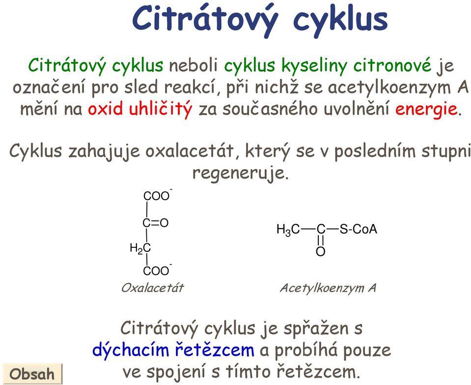 Cyklus zahajuje oxalacetát, který se v posledním stupni regeneruje.
