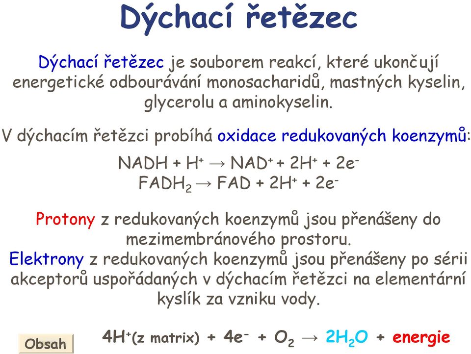 V dýchacím řetězci probíhá oxidace redukovaných koenzymů: AD AD + + 2 + 2 FAD 2 FAD + 2 + 2 Protony z redukovaných koenzymů