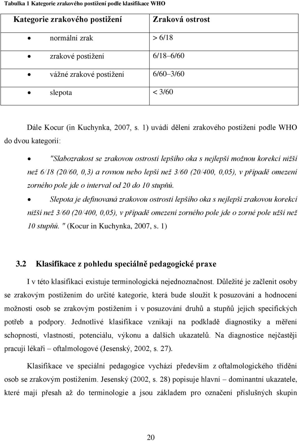 1) uvádí dělení zrakového postiţení podle WHO do dvou kategorií: "Slabozrakost se zrakovou ostrostí lepšího oka s nejlepší moţnou korekcí niţší neţ 6/18 (20/60, 0,3) a rovnou nebo lepší neţ 3/60