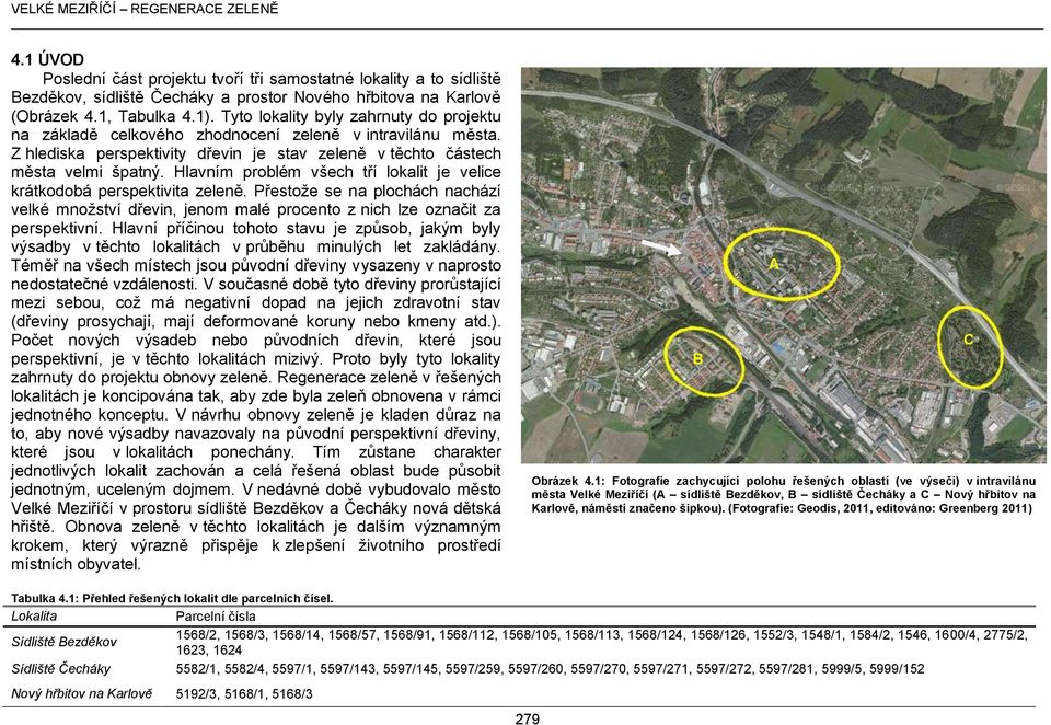 Hlavním problém všech tří lokalit je velice krátkodobá perspektivita zeleně. Přestože se na plochách nachází velké množství dřevin, jenom malé procento z nich lze označit za perspektivní.