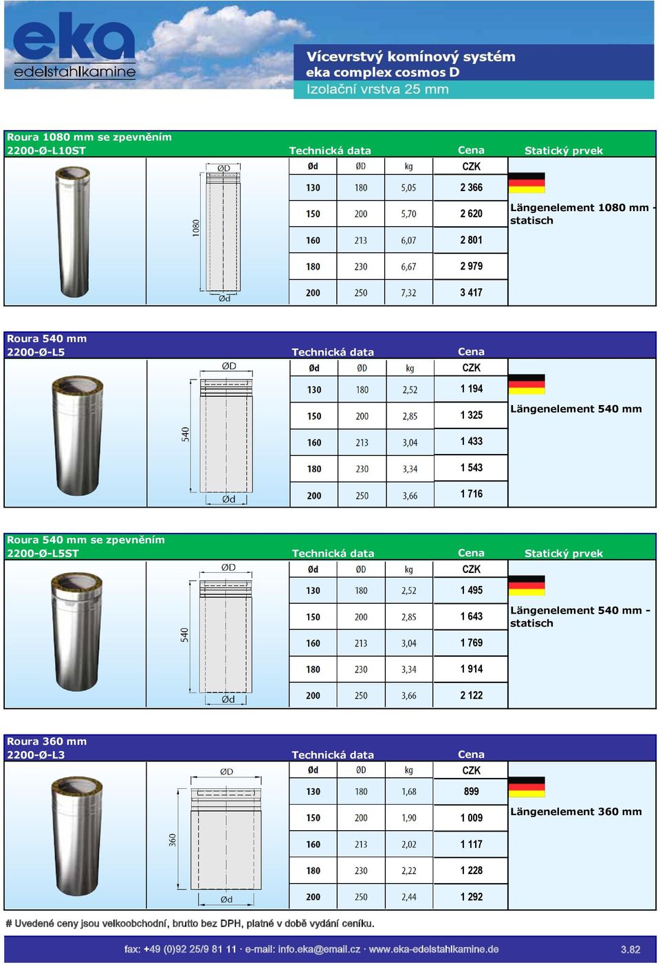 2200-Ø-L5ST Statický prvek 1 495 1 643 Längenelement 540 mm statisch 1 769 1 914 2 122 Roura 360 mm 2200-Ø-L3 899