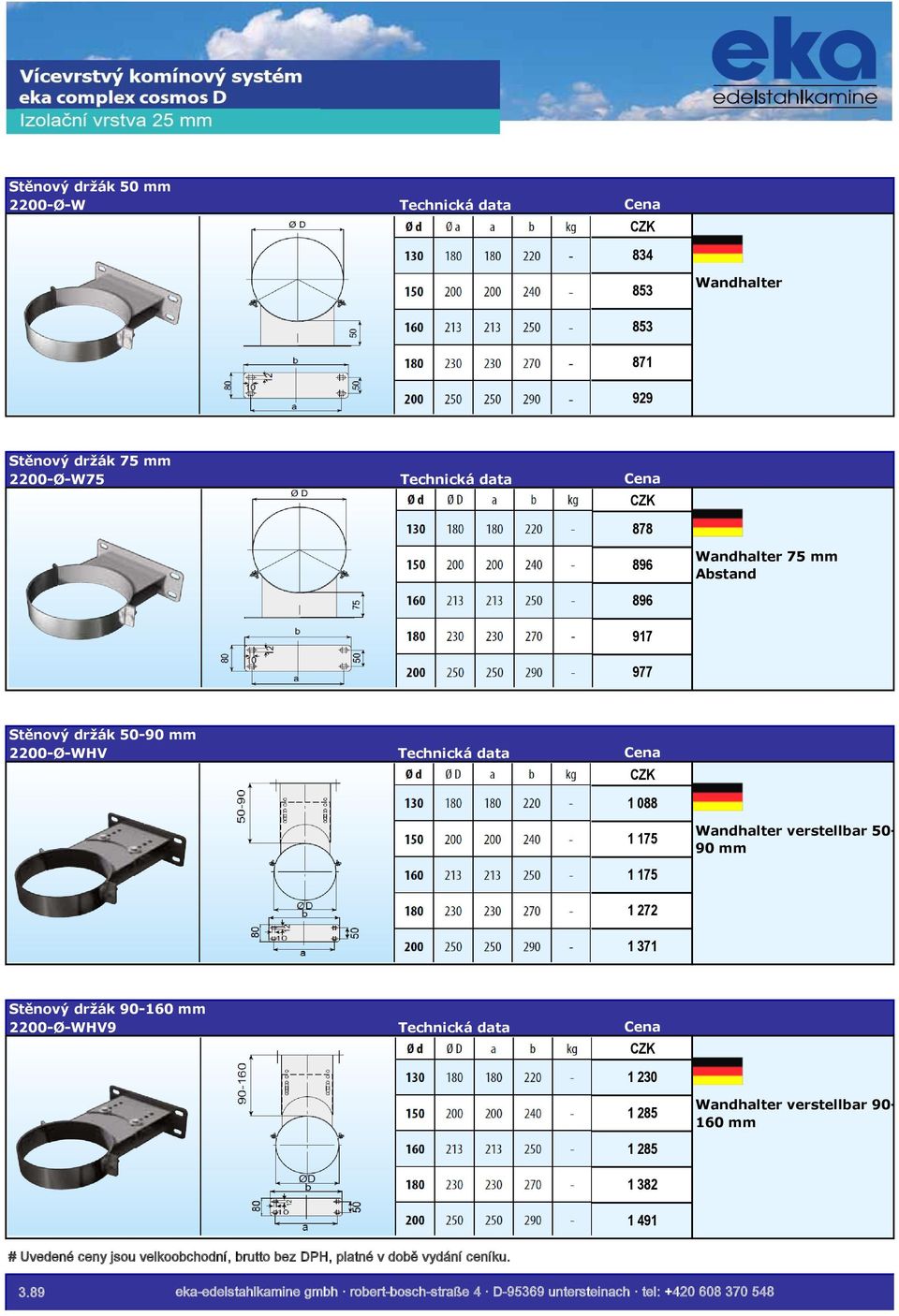 5090 mm 1 175 1 272 1 371 Stěnový držák 90-160 mm 2200-Ø-WHV9 1 230 1 285 Wandhalter verstellbar 90160 mm