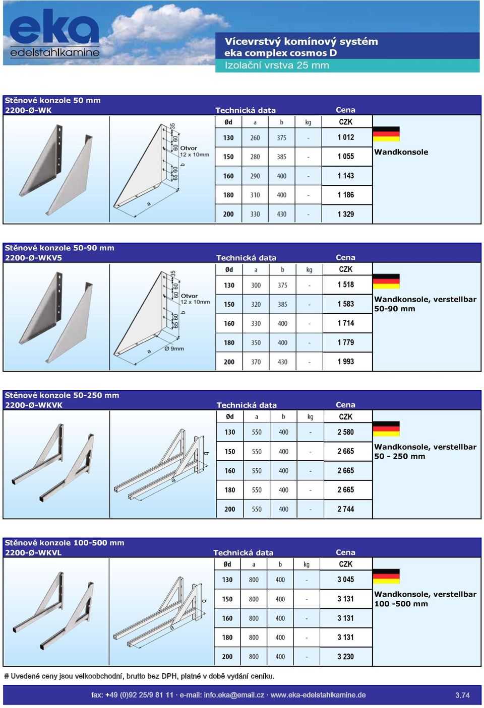 Wandkonsole, verstellbar 50-250 mm 2 665 2 665 2 744 Stěnové konzole 100-500 mm 2200-Ø-WKVL 3 045 3 131 Wandkonsole,