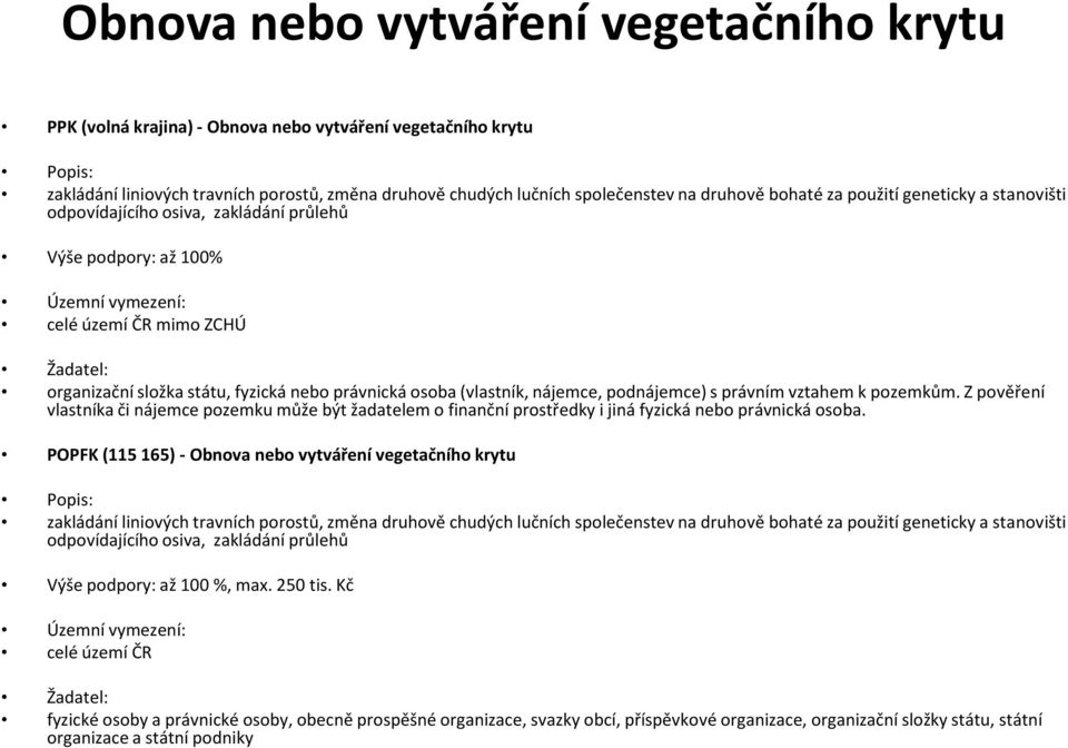 nájemce, podnájemce) s právním vztahem k pozemkům. Z pověření vlastníka či nájemce pozemku může být žadatelem o finanční prostředky i jiná fyzická nebo právnická osoba.