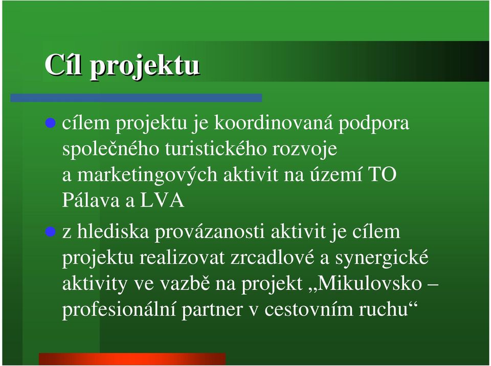 hlediska provázanosti aktivit je cílem projektu realizovat zrcadlové a