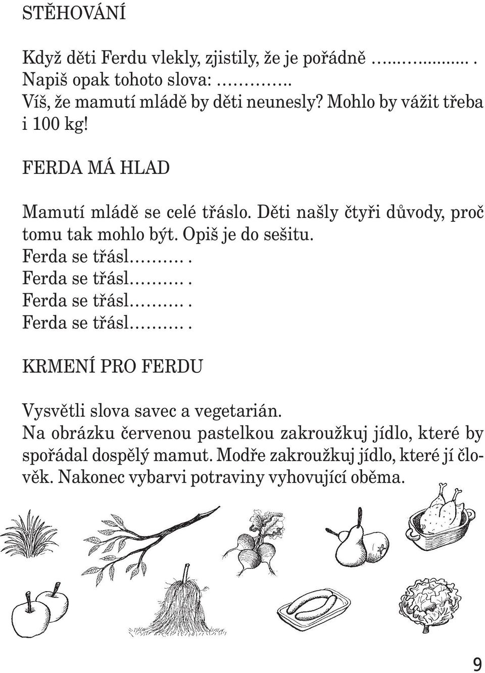 Opiš je do sešitu. Ferda se třásl.. Ferda se třásl.. Ferda se třásl.. Ferda se třásl.. KRMENÍ PRO FERDU Vysvětli slova savec a vegetarián.