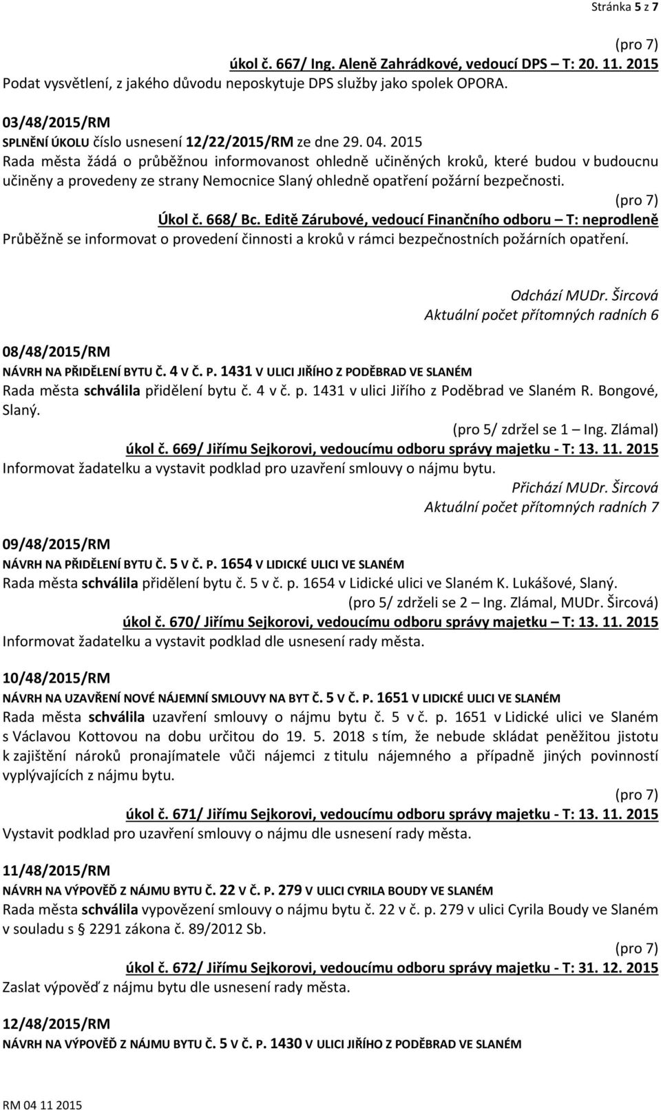 2015 Rada města žádá o průběžnou informovanost ohledně učiněných kroků, které budou v budoucnu učiněny a provedeny ze strany Nemocnice Slaný ohledně opatření požární bezpečnosti. Úkol č. 668/ Bc.