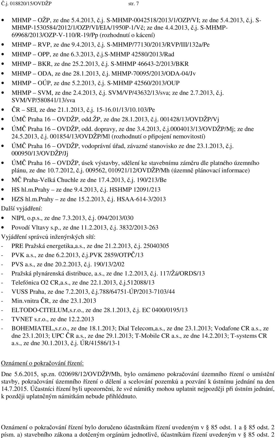 2.2013, č.j. S-MHMP 42560/2013/OUP MHMP SVM, ze dne 2.4.2013, č.j. SVM/VP/43632/13/sva; ze dne 2.7.2013, č.j. SVM/VP/580841/13/sva ČR SEI, ze dne 21.1.2013, č.j. 15-16.01/13/10.