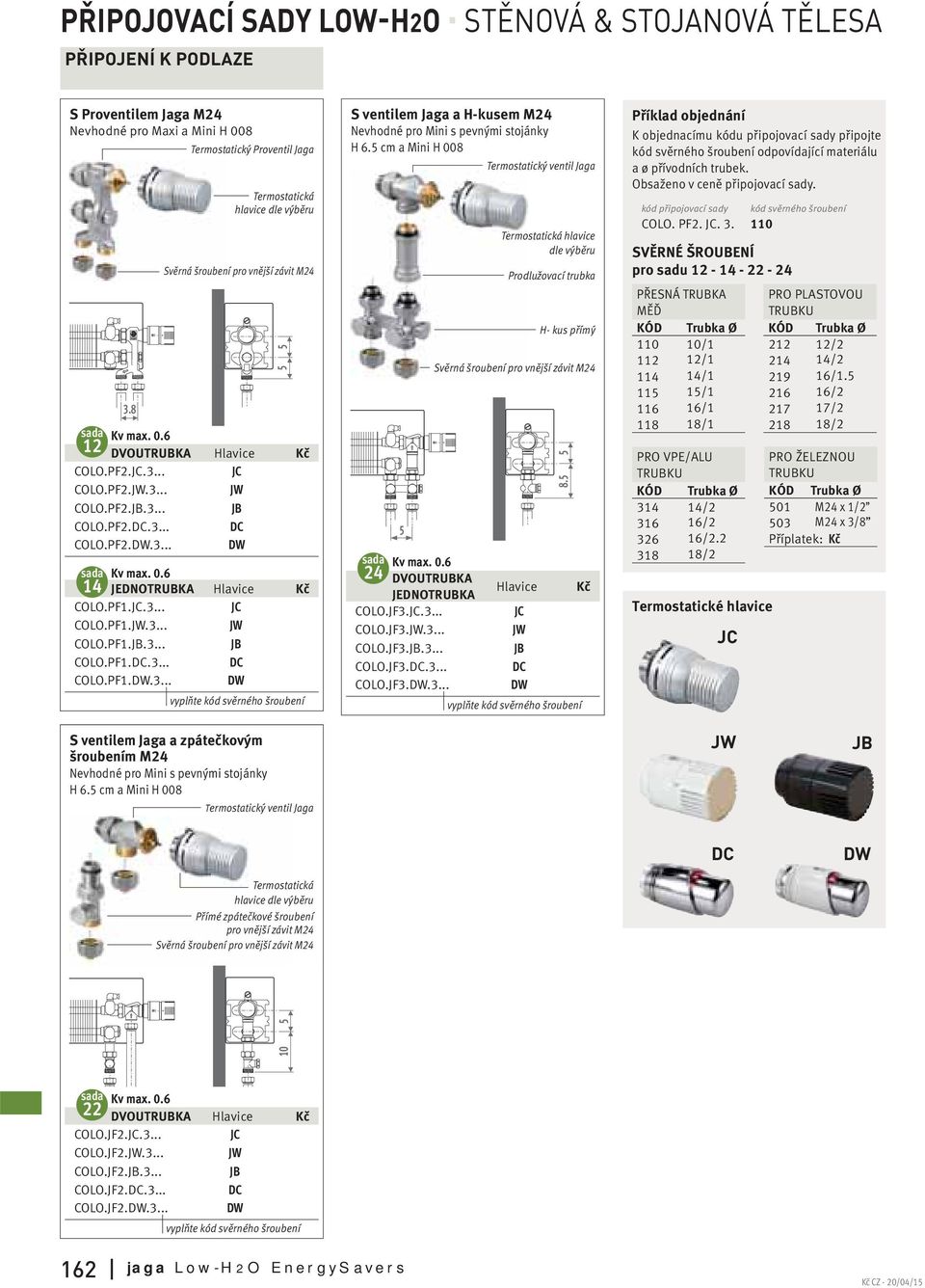 .. DW Kv max. JEDNOTRUBKA Hlavice COLO.PF.JC... JC COLO.PF.JW... JW COLO.PF.JB... JB COLO.PF.DC... DC COLO.PF.DW... DW S ventilem Jaga a H-kusem M Nevhodné pro Mini s pevnými stojánky H 6.