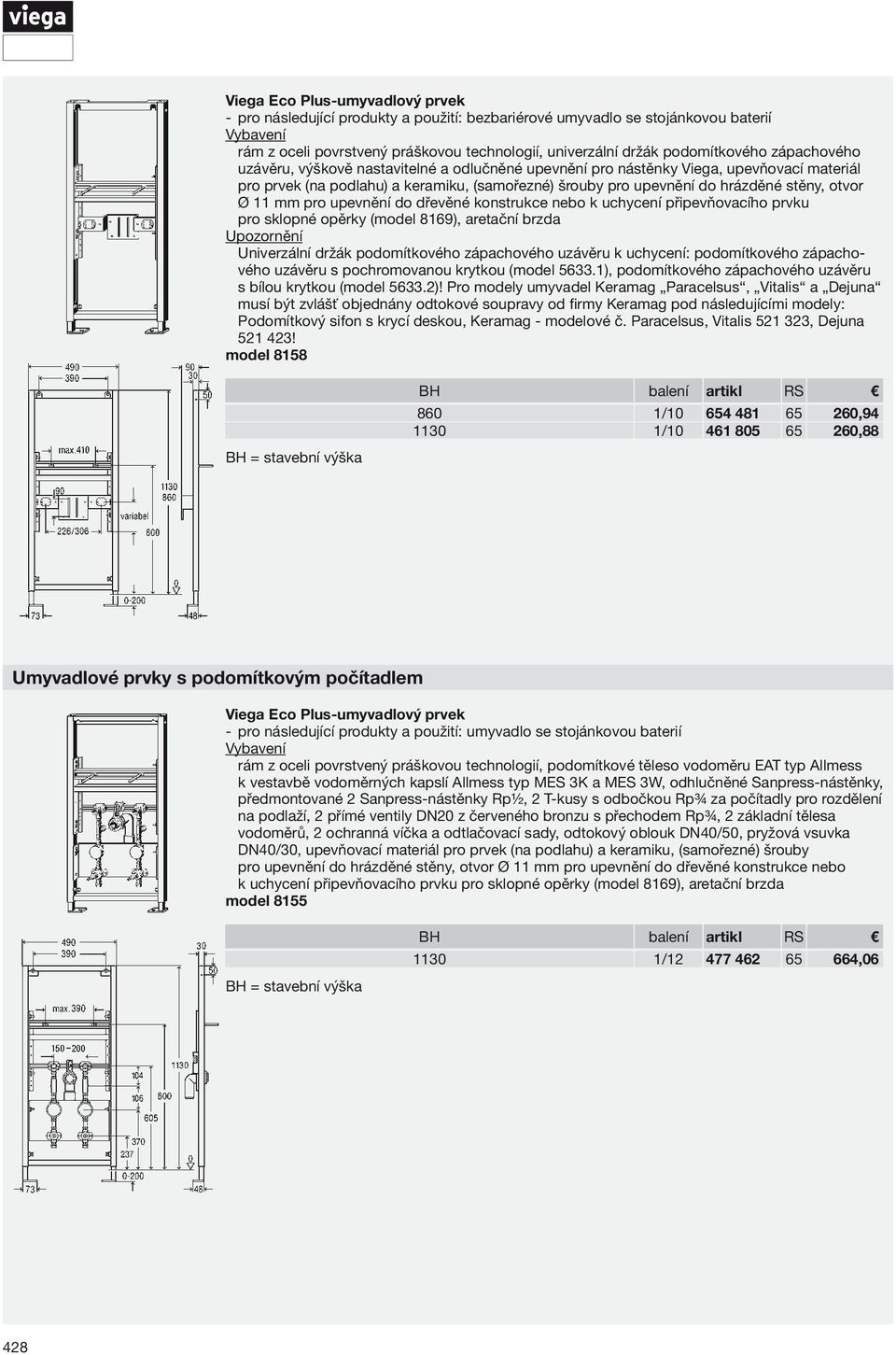 mm pro upevnění do dřevěné konstrukce nebo k uchycení připevňovacího prvku pro sklopné opěrky ( model 8169), aretační brzda Univerzální držák podomítkového zápachového uzávěru k uchycení: