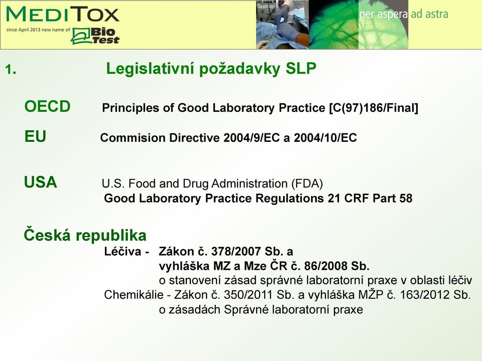 U.S. Food and Drug Administration (FDA) Good Laboratory Practice Regulations 21 CRF Part 58 Česká republika Léčiva -