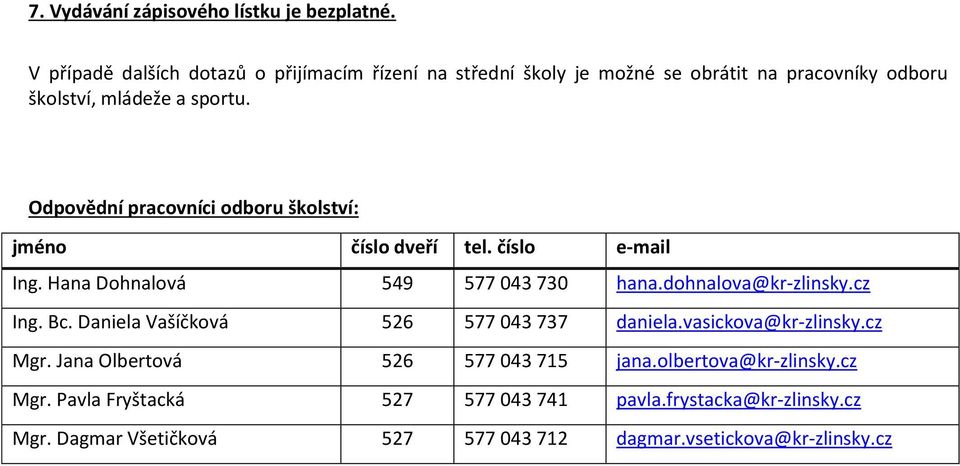 Odpovědní pracovníci odboru školství: jméno číslo dveří tel. číslo e-mail Ing. Hana Dohnalová 549 577 043 730 hana.dohnalova@kr-zlinsky.cz Ing. Bc.