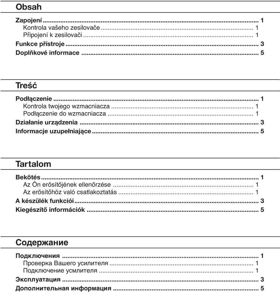 .. 3 Informacje uzupełniające... 5 Tartalom Bekötés... 1 Az Ön erősítőjének ellenőrzése... 1 Az erősítőhöz való csatlakoztatás.