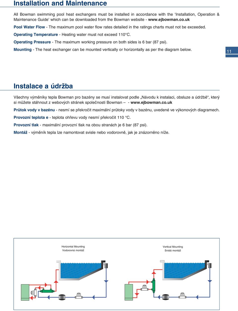 Operating Pressure - The maximum working pressure on both sides is 6 bar (87 psi). - The heat exchanger can be mounted vertically or horizontally as per the diagram below.