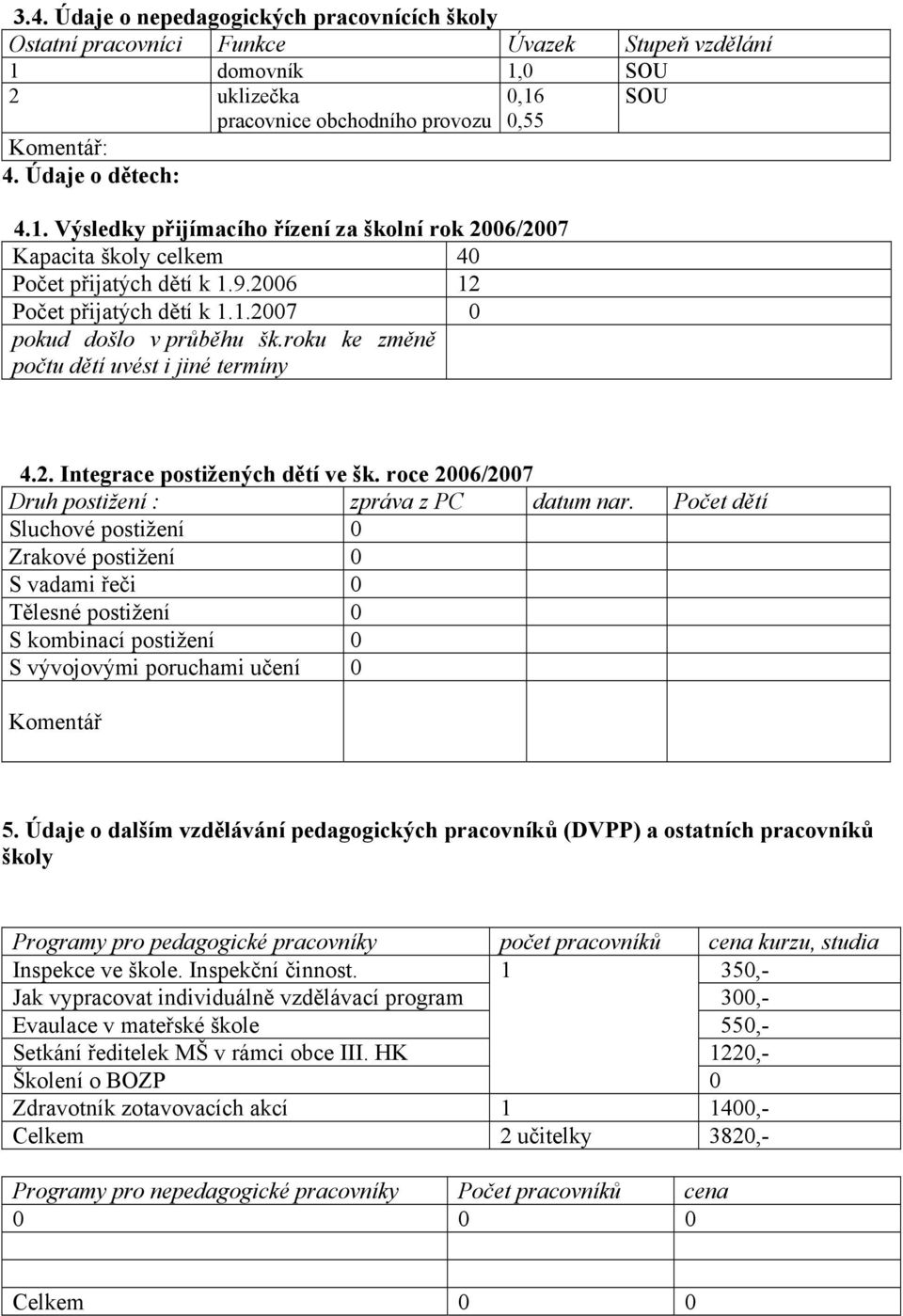 2006 12 Počet přijatých dětí k 1.1.2007 0 pokud došlo v průběhu šk.roku ke změně počtu dětí uvést i jiné termíny SOU 4.2. Integrace postižených dětí ve šk.