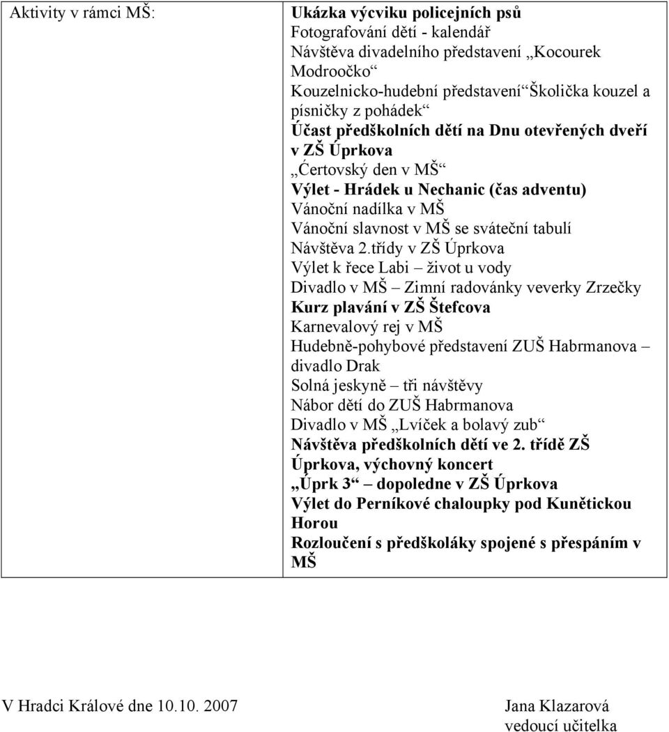 třídy v ZŠ Úprkova Výlet k řece Labi život u vody Divadlo v Zimní radovánky veverky Zrzečky Kurz plavání v ZŠ Štefcova Karnevalový rej v Hudebně-pohybové představení ZUŠ Habrmanova divadlo Drak Solná