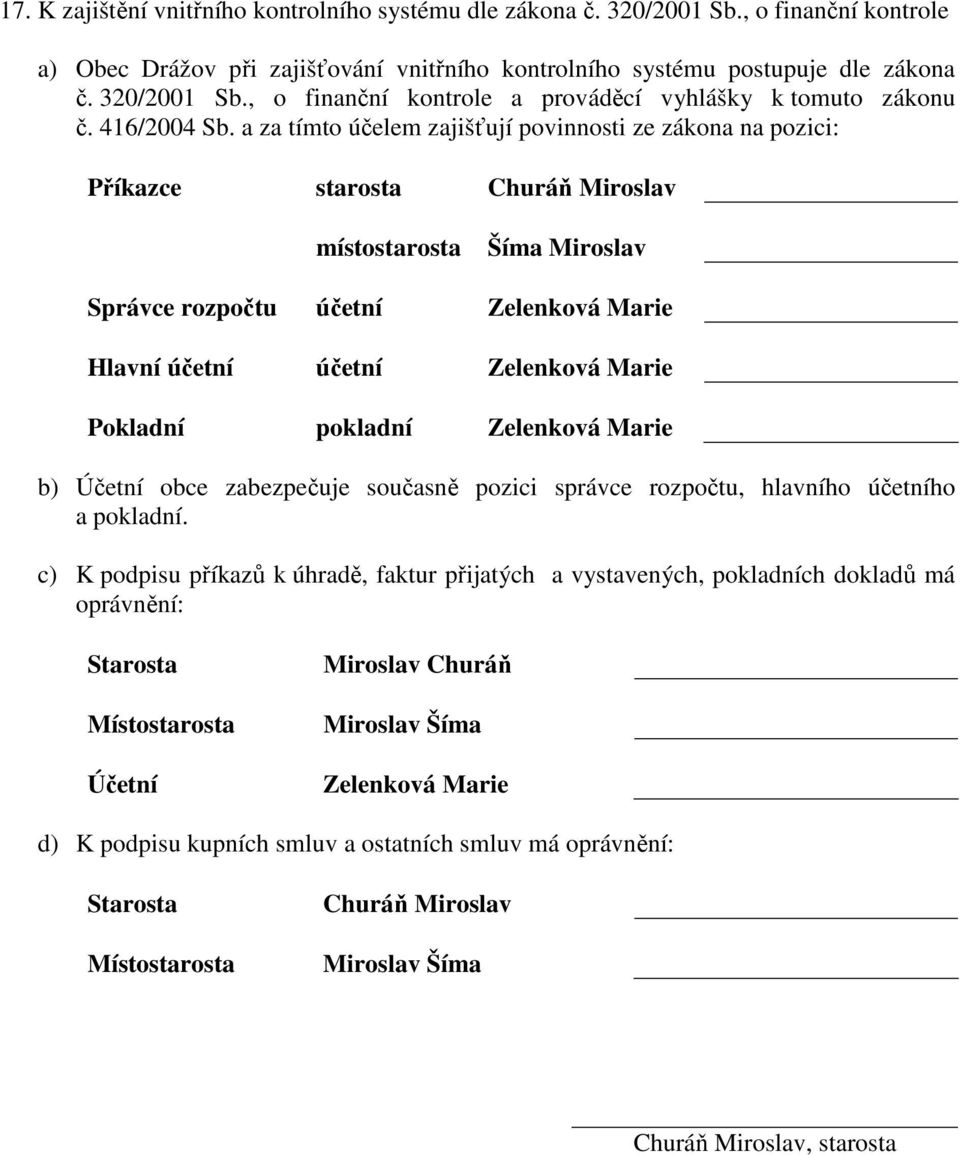 a za tímto účelem zajišťují povinnosti ze zákona na pozici: Příkazce starosta Churáň Miroslav místostarosta Šíma Miroslav Správce rozpočtu účetní Zelenková Marie Hlavní účetní účetní Zelenková Marie