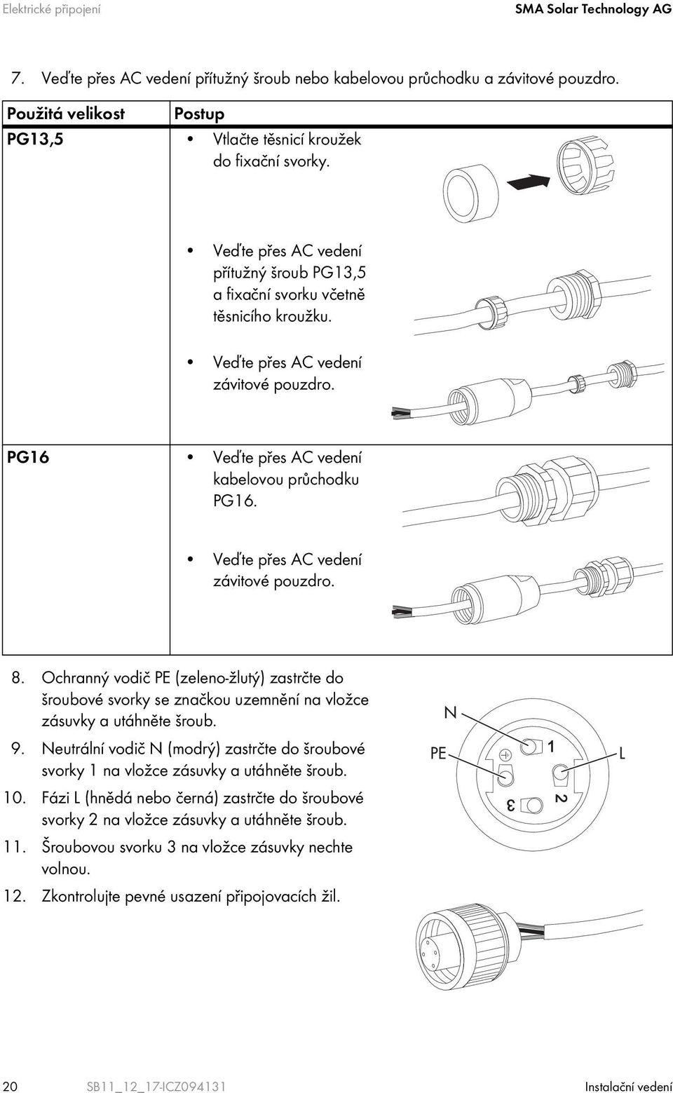 PG16 Veďte přes AC vedení kabelovou průchodku PG16. Veďte přes AC vedení závitové pouzdro. 8.