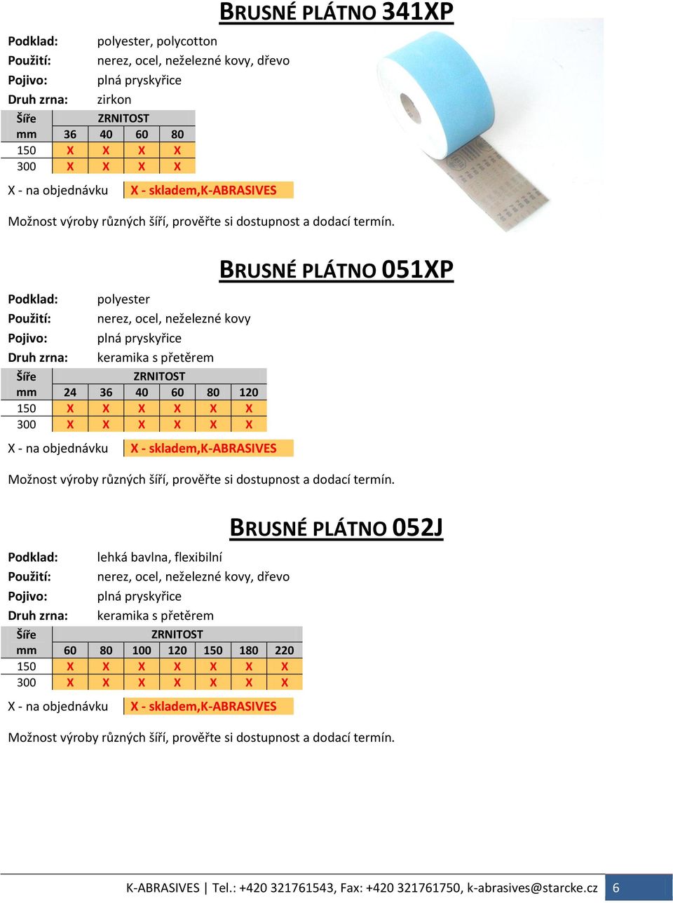 X X X X BRUSNÉ PLÁTNO 051XP Podklad: lehká bavlna, flexibilní Druh zrna: keramika s přetěrem mm 60 80 100 120 150 180 220