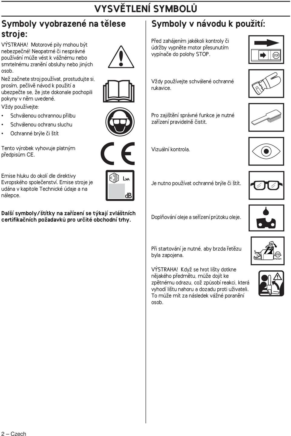 VÏdy pouïívejte: Schválenou ochrannou pfiilbu Schválenou ochranu sluchu Ochranné br le ãi tít VYSVùTLENÍ SYMBOLÒ Symboly v návodu k pouïití: Pfied zahájením jakékoli kontroly ãi údrïby vypnûte motor