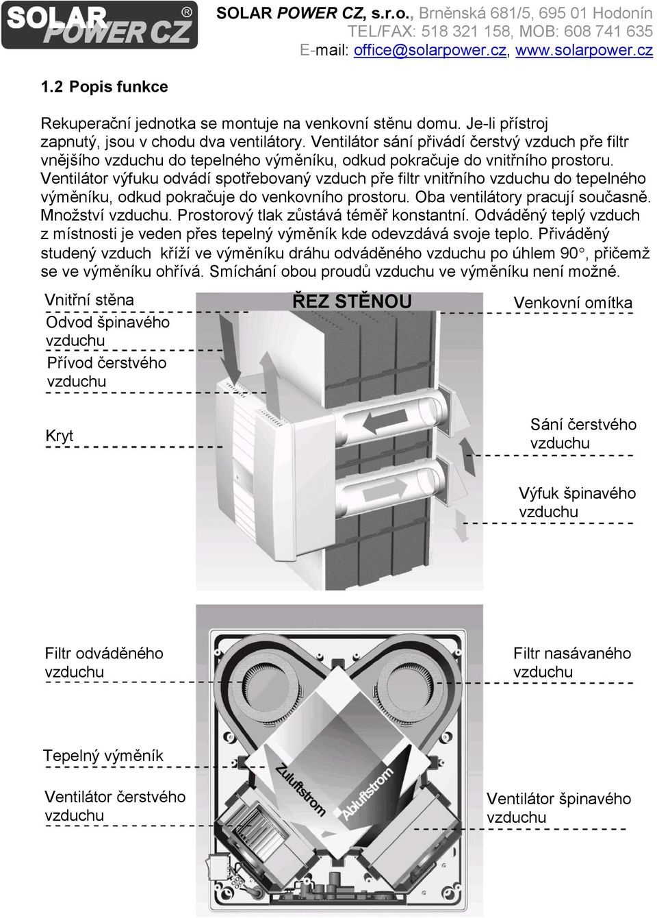 Ventilátor výfuku odvádí spotřebovaný vzduch pře filtr vnitřního vzduchu do tepelného výměníku, odkud pokračuje do venkovního prostoru. Oba ventilátory pracují současně. Množství vzduchu.