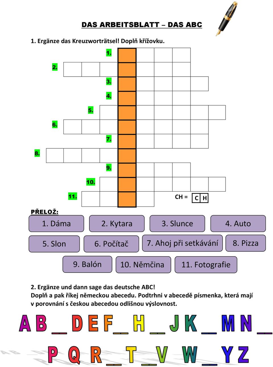 Pizza 9. Balón 10. Němčina 11. Fotografie 2. Ergänze und dann sage das deutsche ABC!