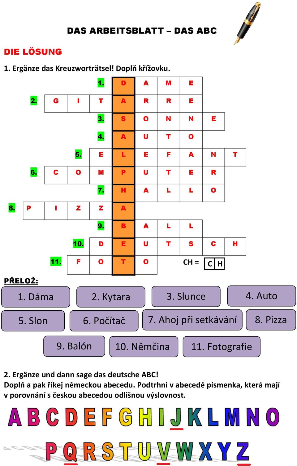 Dáma 2. Kytara 3. Slunce 4. Auto 5. Slon 6. Počítač 7. Ahoj při setkávání 8. Pizza 9. Balón 10. Němčina 11. Fotografie 2.