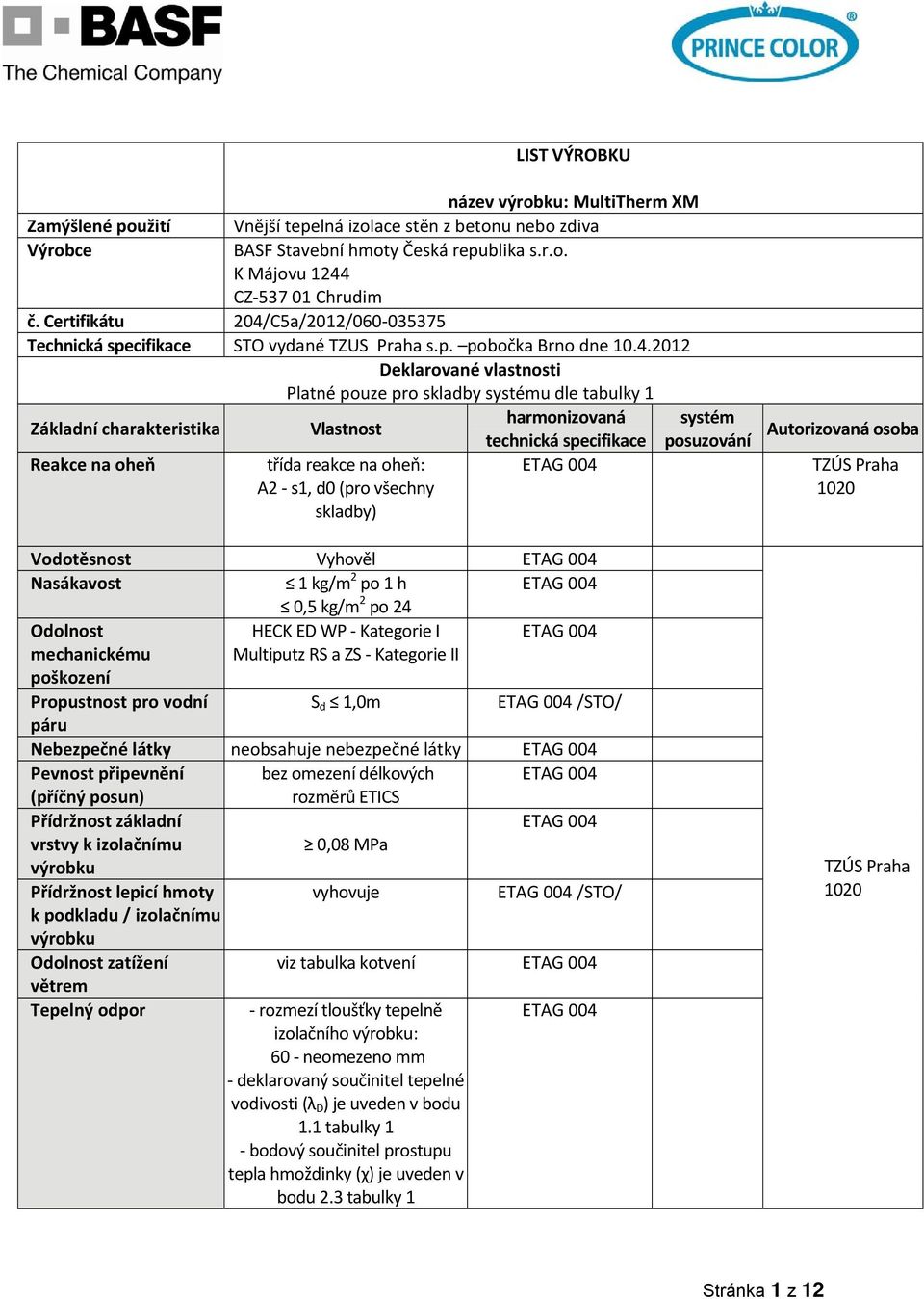 C5a/2012/060 035375 Technická specifikace STO vydané TZUS Praha s.p. pobočka Brno dne 10.4.